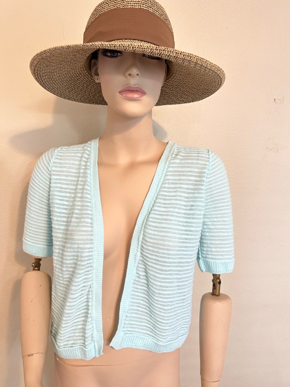 Light Blue Striped Short Sleeve Open Front Cardigan Sweater
